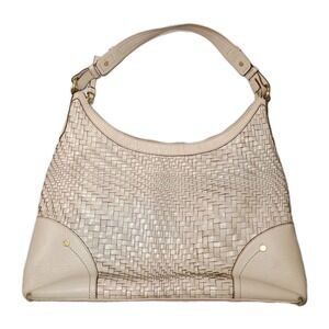 Cole Haan Genevieve Woven Beige Leather Hobo Shoulder Bag Purse Tote